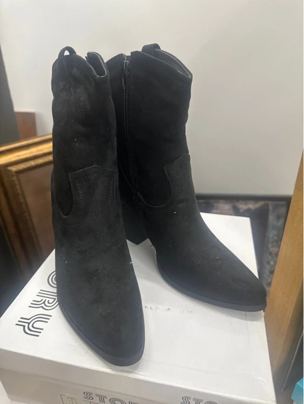 STORY Black Suede Western Cowboy Ankle Boots